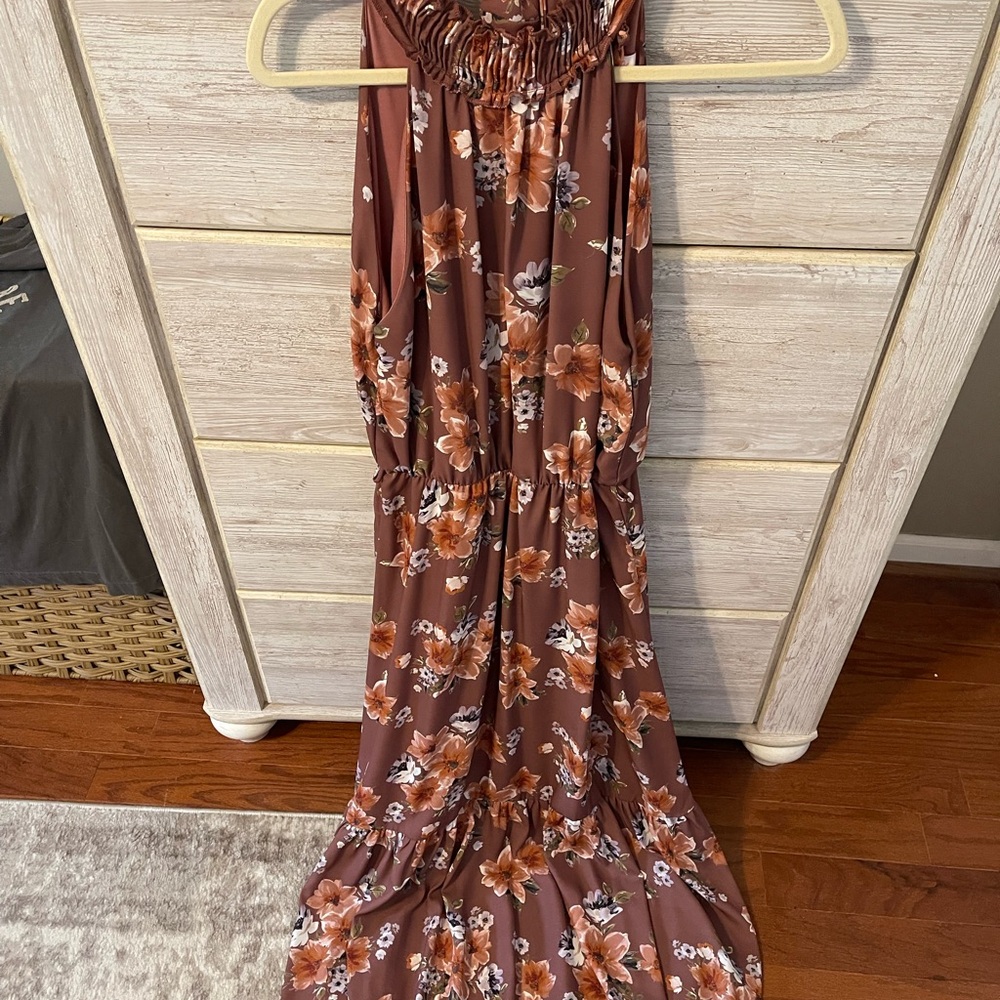 Pink Lily Floral Chocolate Maxi Dress